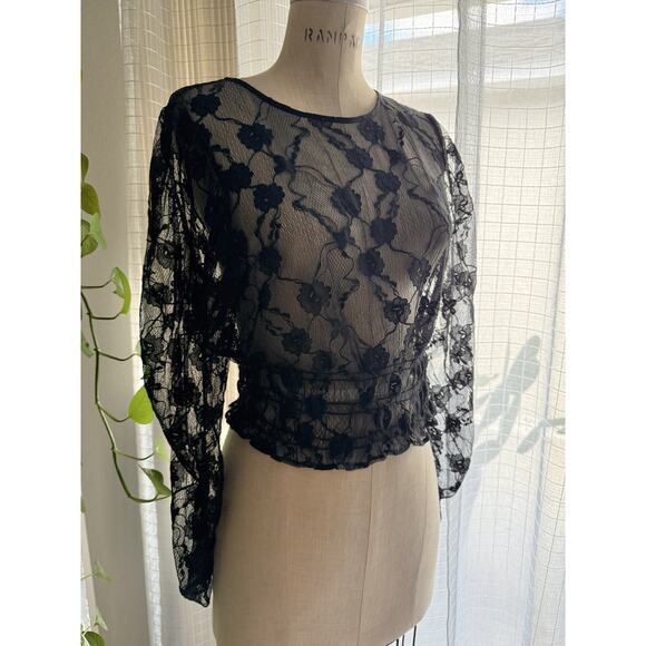 Y2K Dark Romantic Sheer Lace Top Whimsigoth Gothic Fairy Mesh Stretchy Size M - Picture 4 of 7